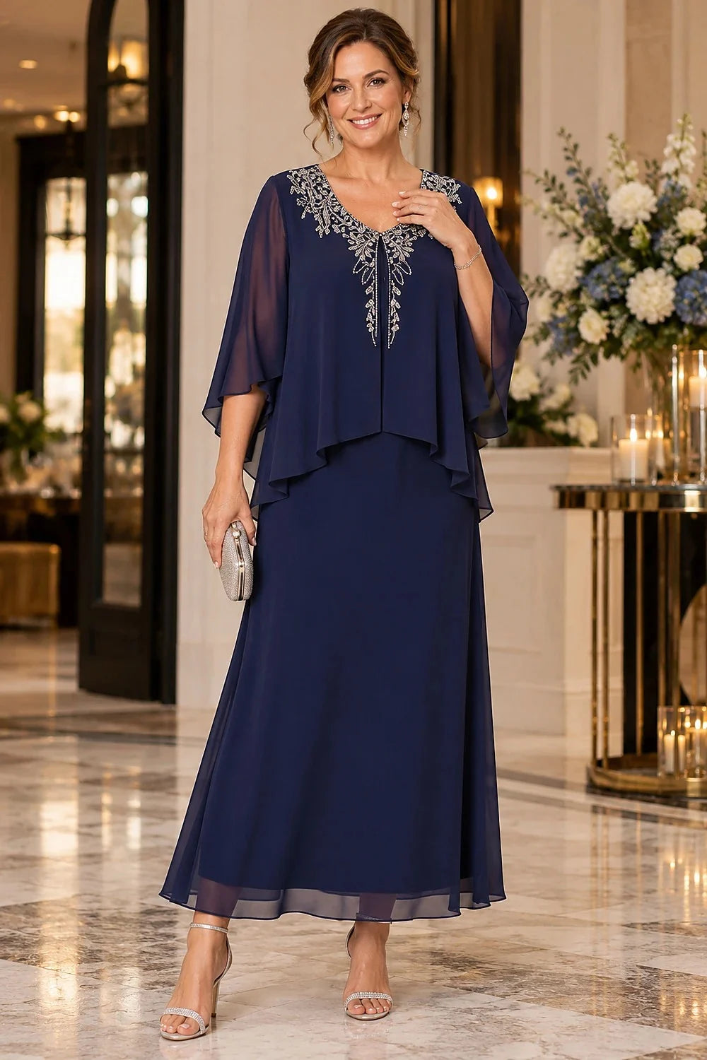 Navy Blue Beaded Overlay Ankle-Length Mother of the Bride Dress