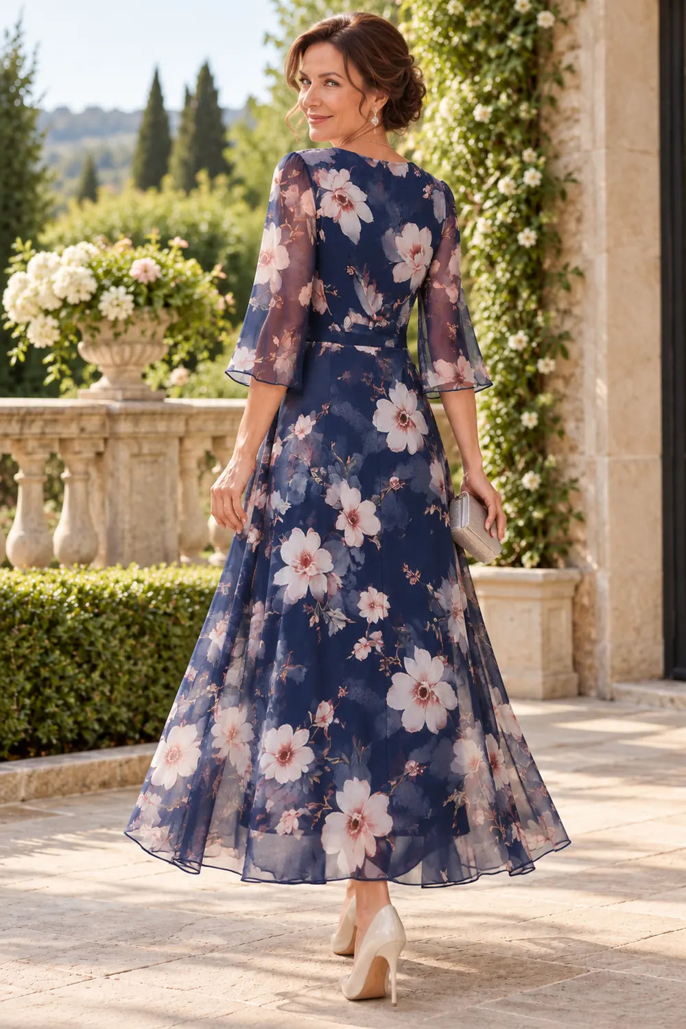 Navy Blue Floral Overlay Tea-Length Mother of the Bride Dress