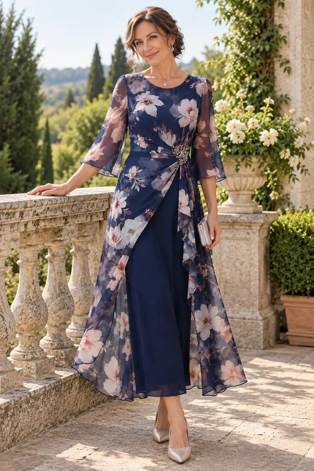 Navy Blue Floral Overlay Tea-Length Mother of the Bride Dress