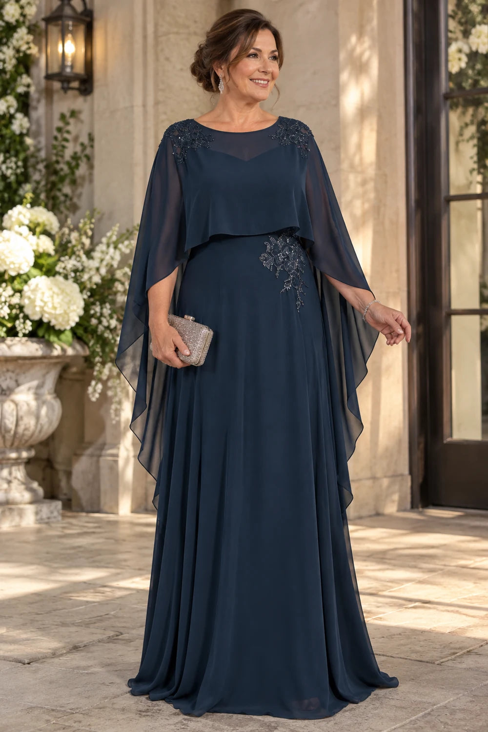Navy Blue Illusion Neck Cape Mother of the Bride Dress