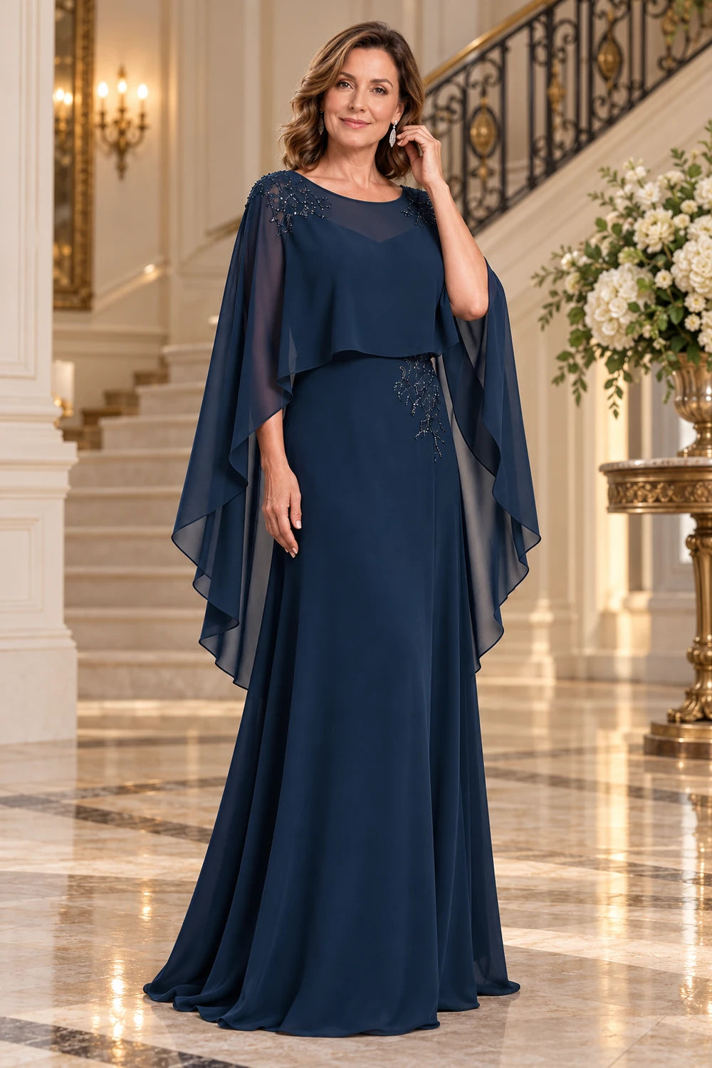 Navy Blue Illusion Neck Cape Mother of the Bride Dress
