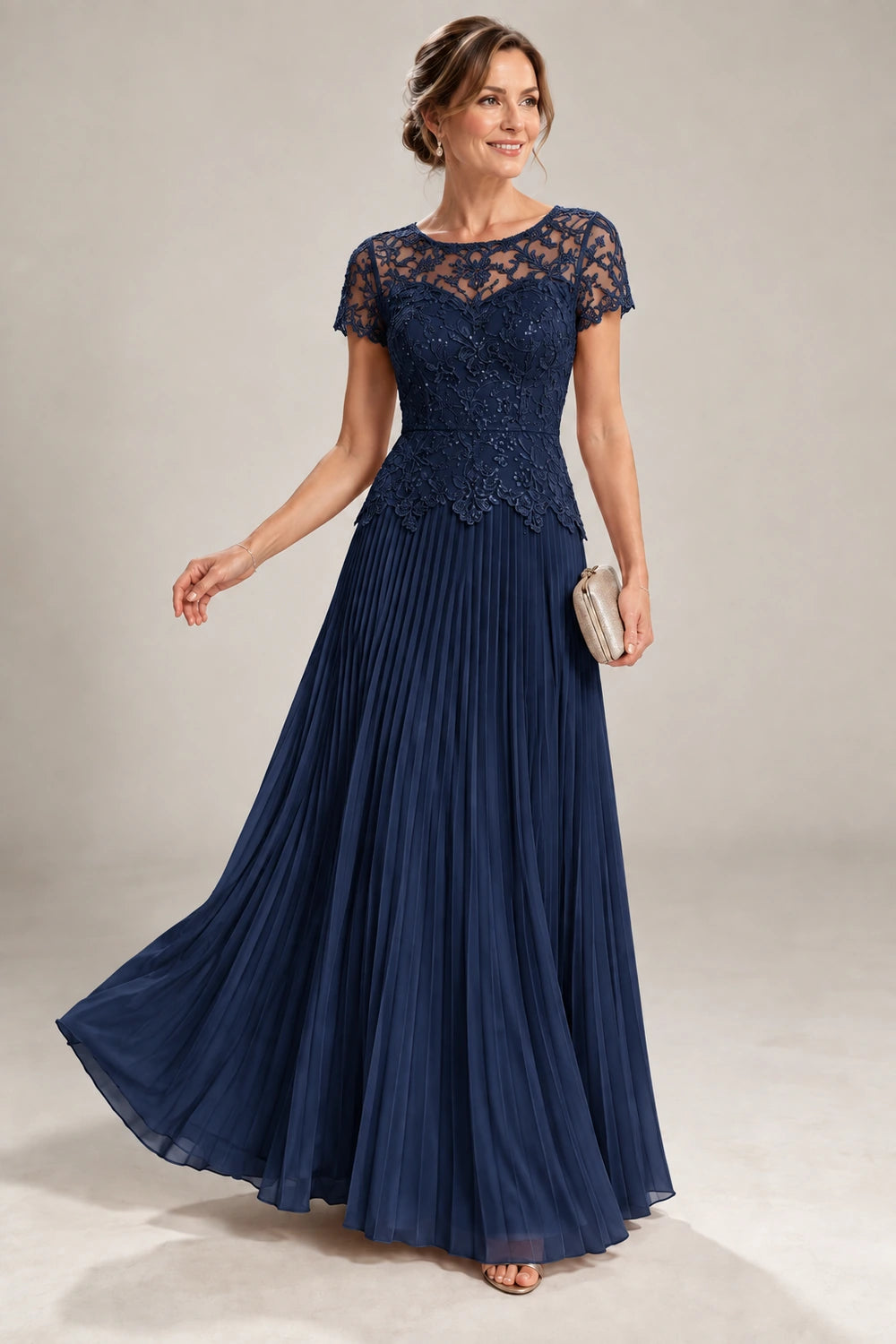 Lace Short Sleeve Pleated Chiffon Floor-Length Dress