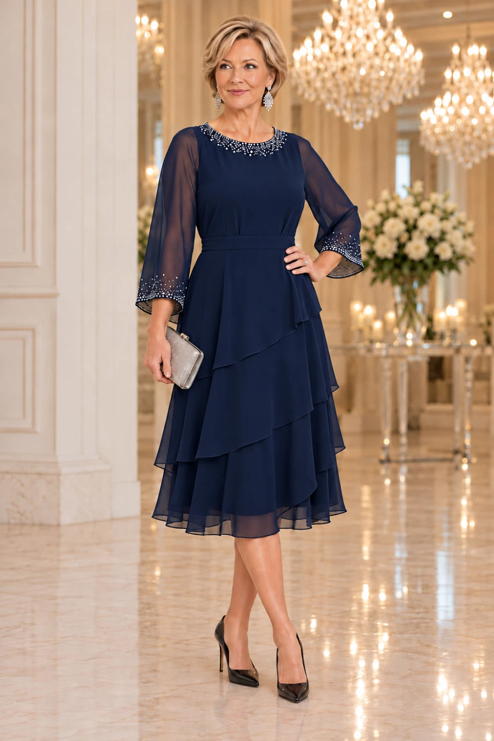 Navy midi dress with three diagonal flounce tiers, a defined waist and bright round-neck trim, front view.