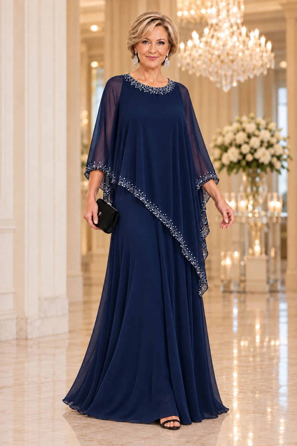 Navy floor-length gown with bright neckline trim and a sheer waterfall cape, front view.