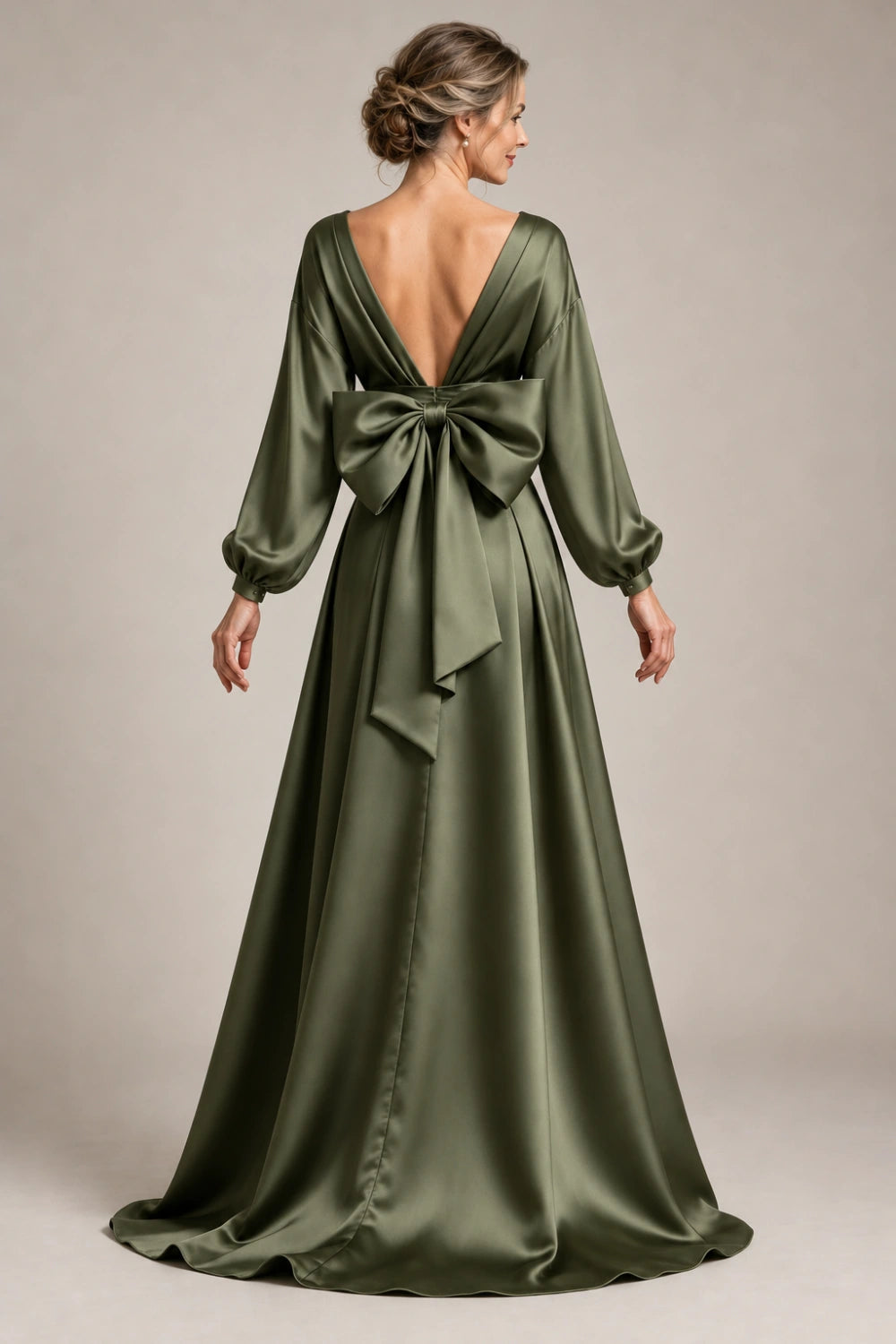 Back view of the olive green occasion gown.