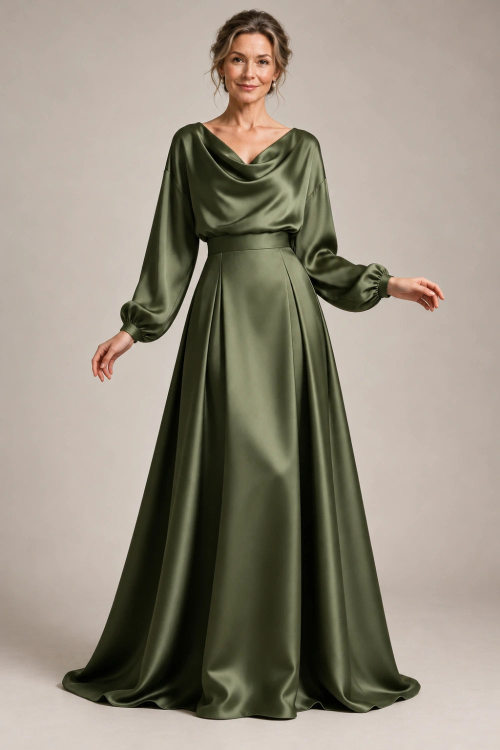 Editorial front view of the olive green occasion gown.