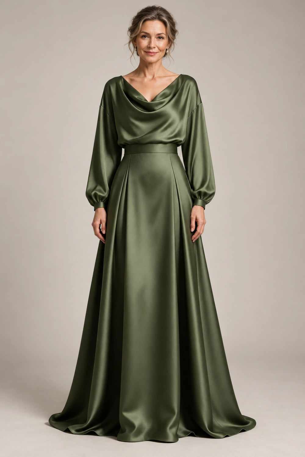 Front view of the olive green cowl-neck gown with loose long sleeves and a wide waistband.