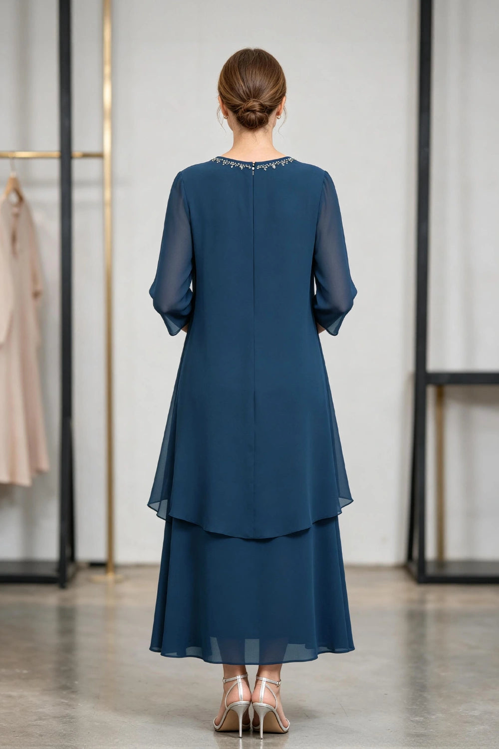 Peacock Blue Beaded Tier Chiffon Mother of the Bride Dress