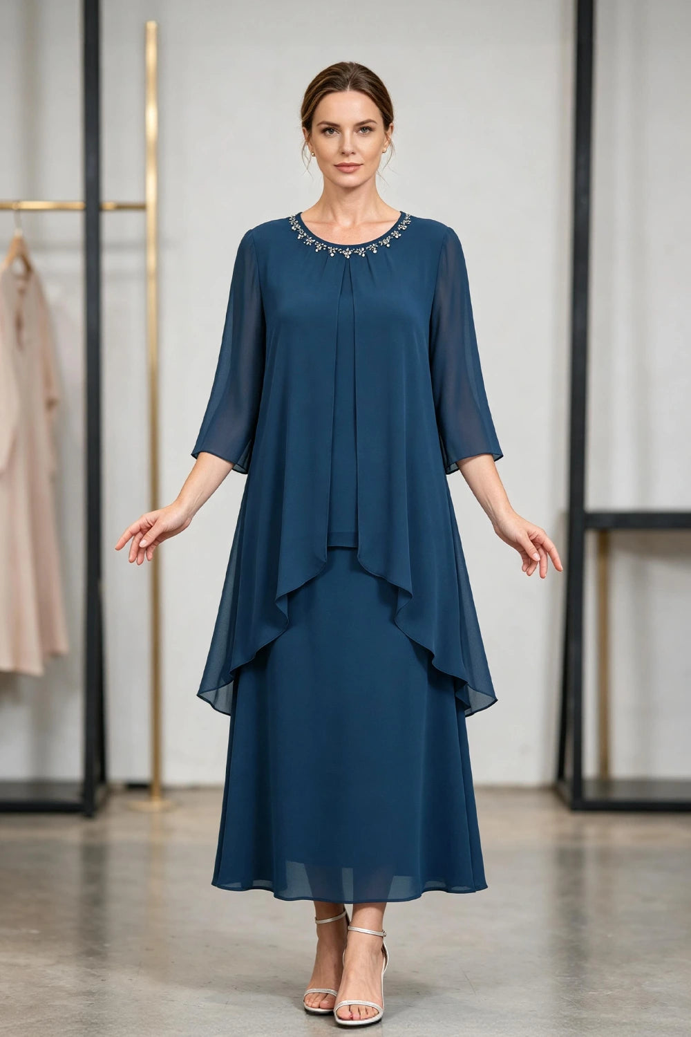 Peacock Blue Beaded Tier Chiffon Mother of the Bride Dress