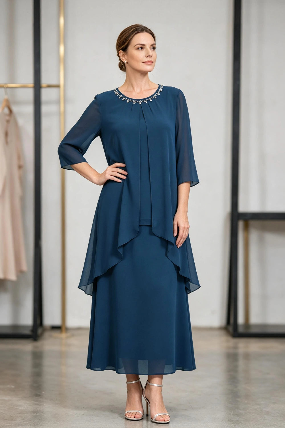 Peacock Blue Beaded Tier Chiffon Mother of the Bride Dress