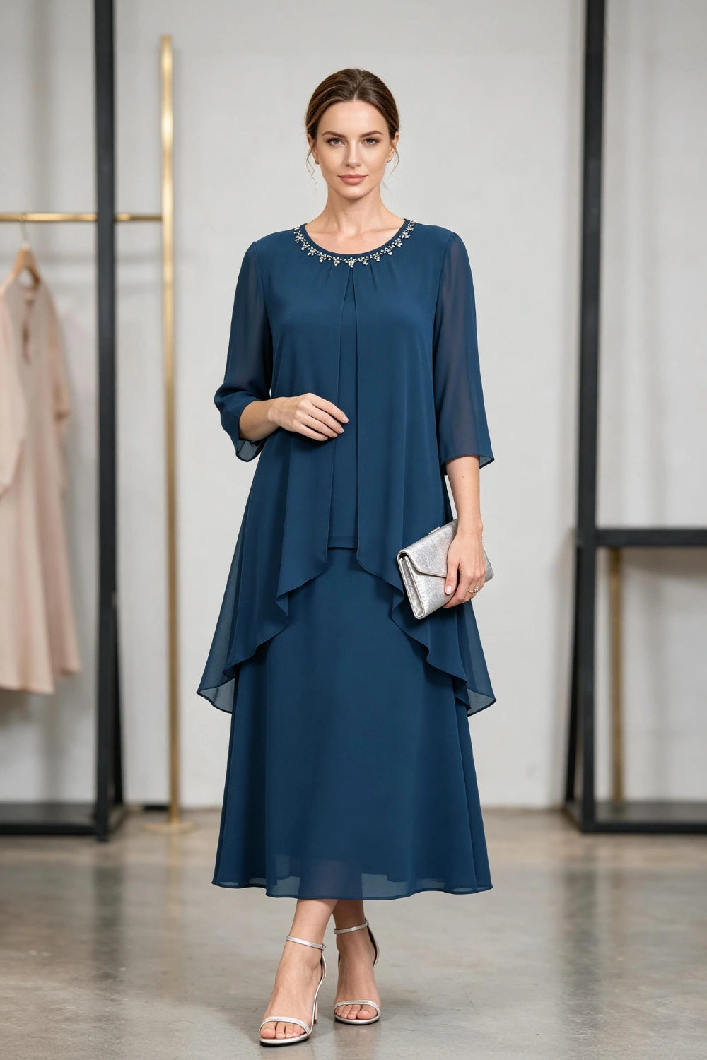 Peacock Blue Beaded Tier Chiffon Mother of the Bride Dress
