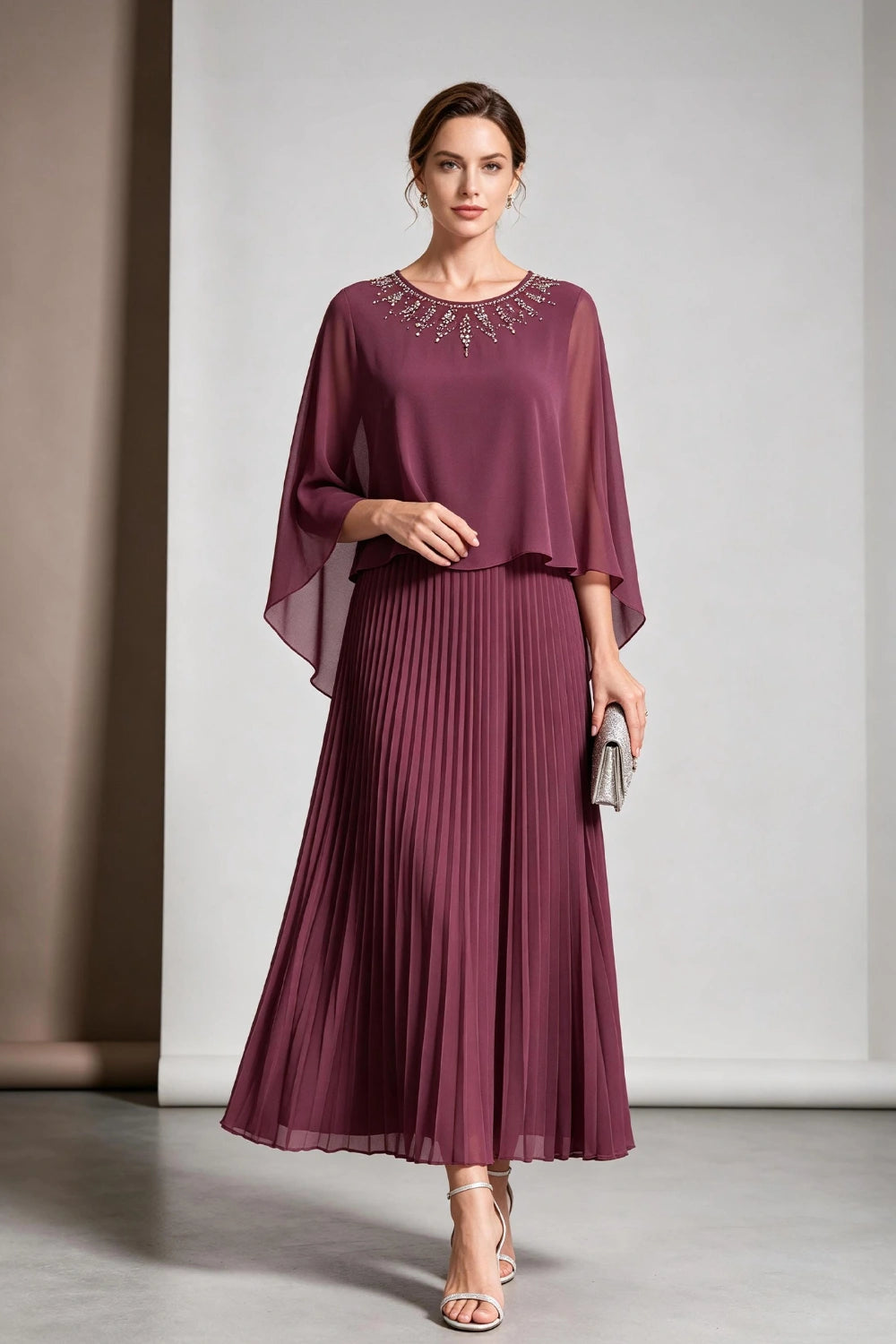 Plum Beaded Cape Sleeve Pleated Chiffon Mother of the Bride Dress