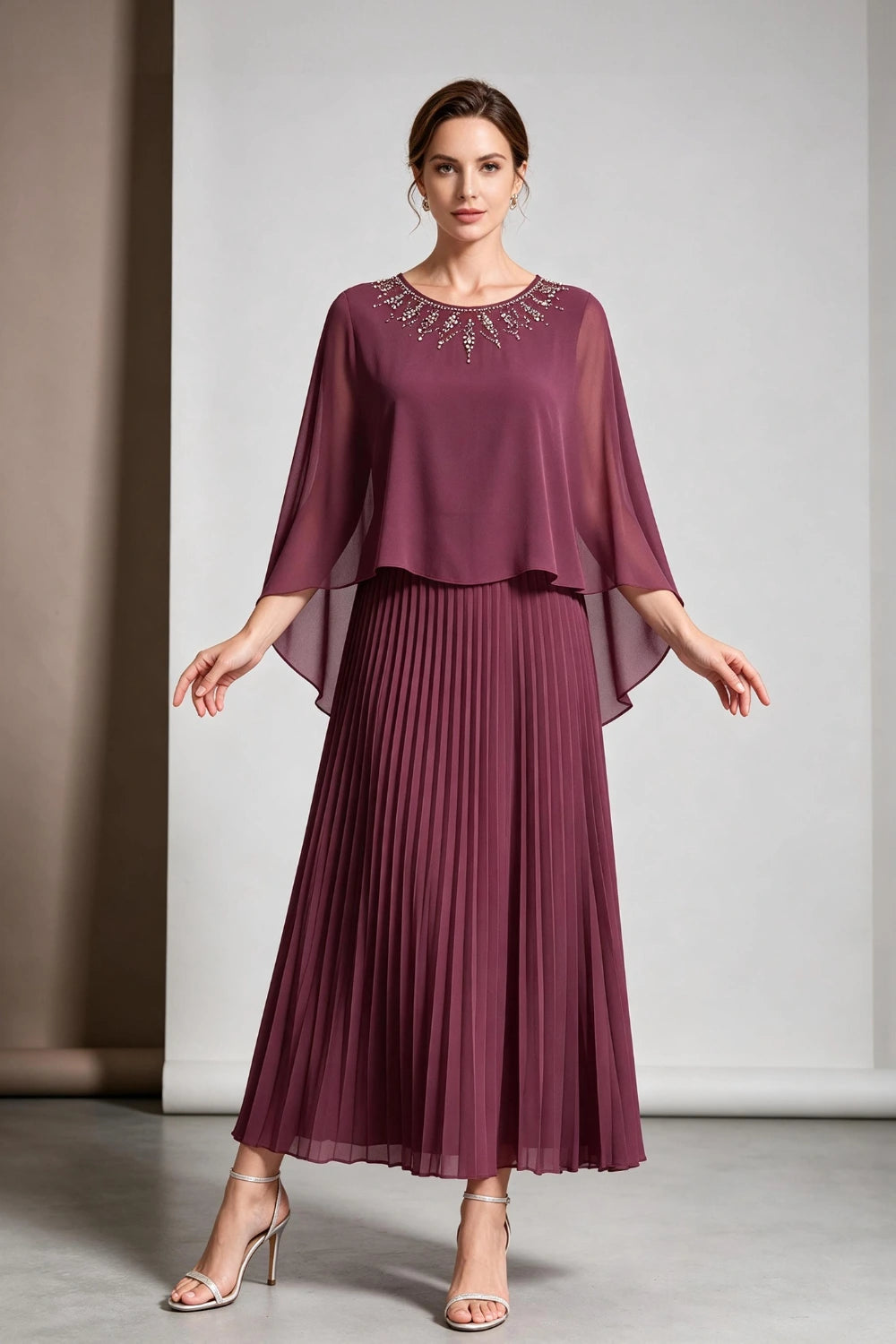 Plum Beaded Cape Sleeve Pleated Chiffon Mother of the Bride Dress