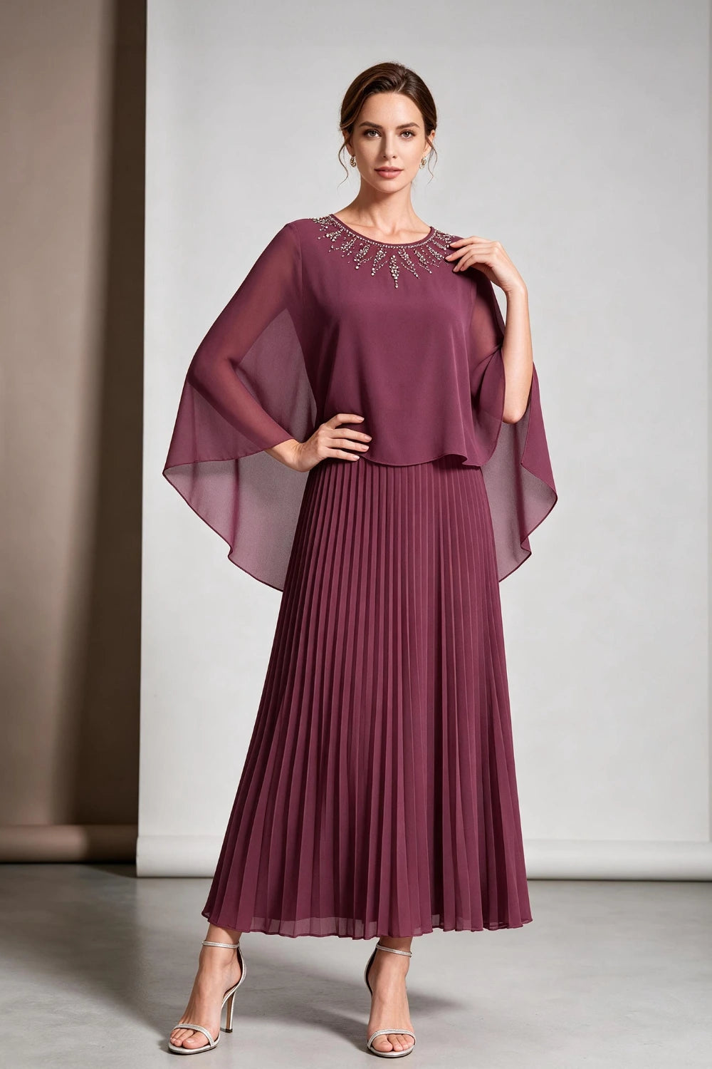 Plum Beaded Cape Sleeve Pleated Chiffon Mother of the Bride Dress