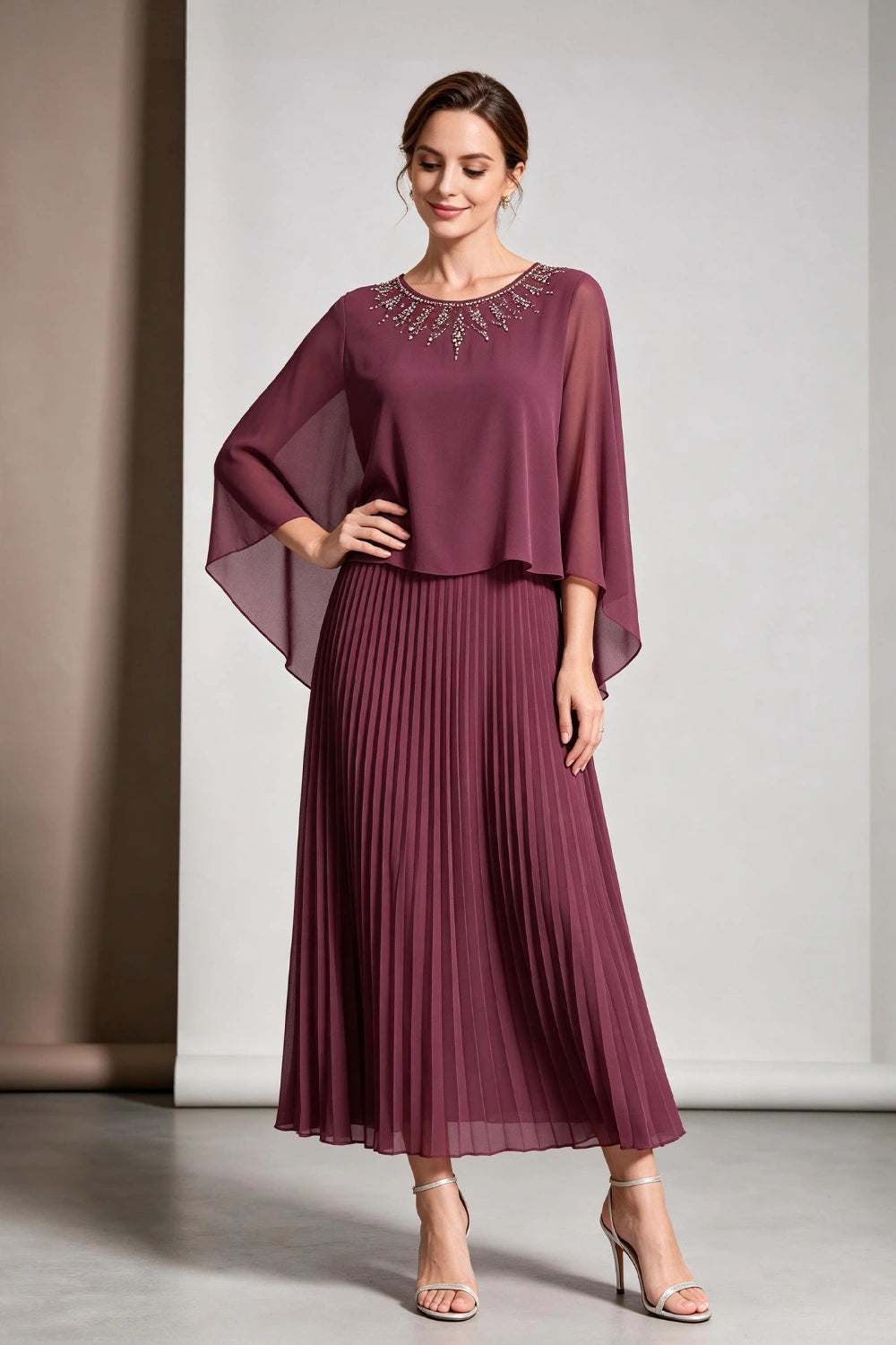 Plum Beaded Cape Sleeve Pleated Chiffon Mother of the Bride Dress