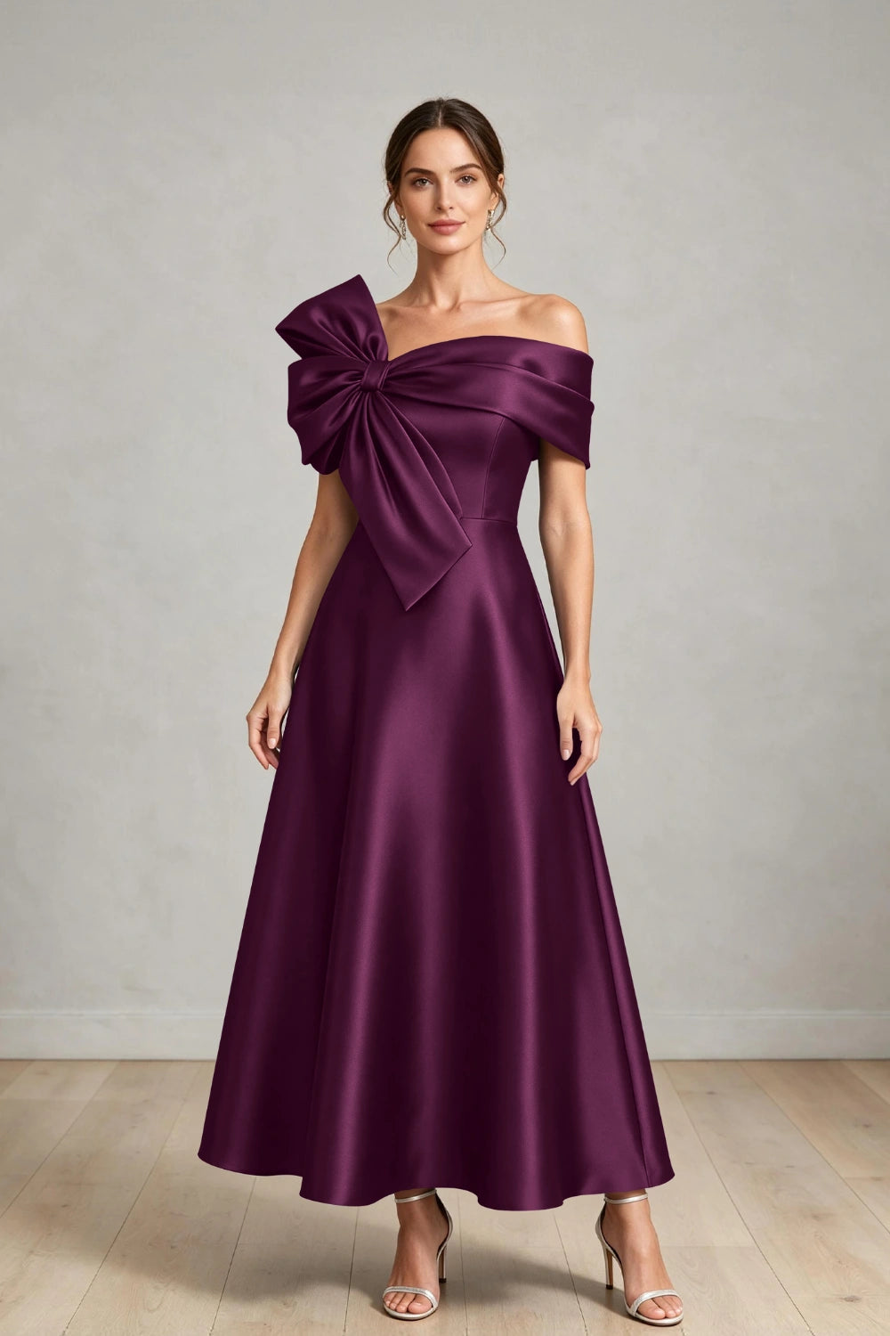 Oversized Bow Off-Shoulder Satin Midi Mother of the Bride Dress