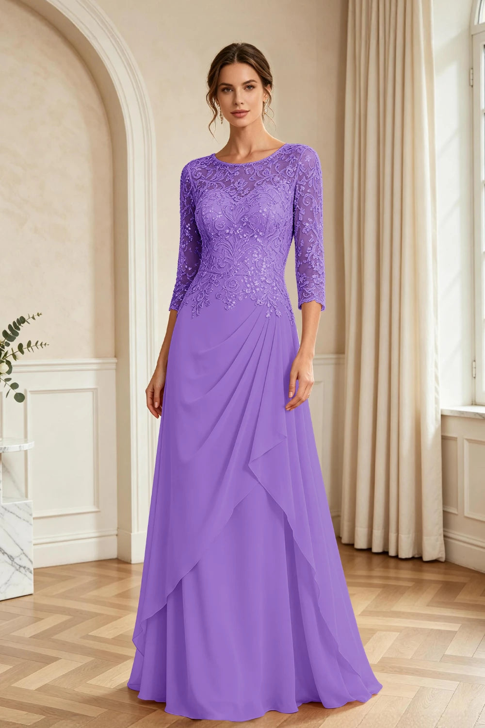 Dusty Rose Lace Bodice Three-Quarter Sleeve Draped Chiffon Floor-Length Dress