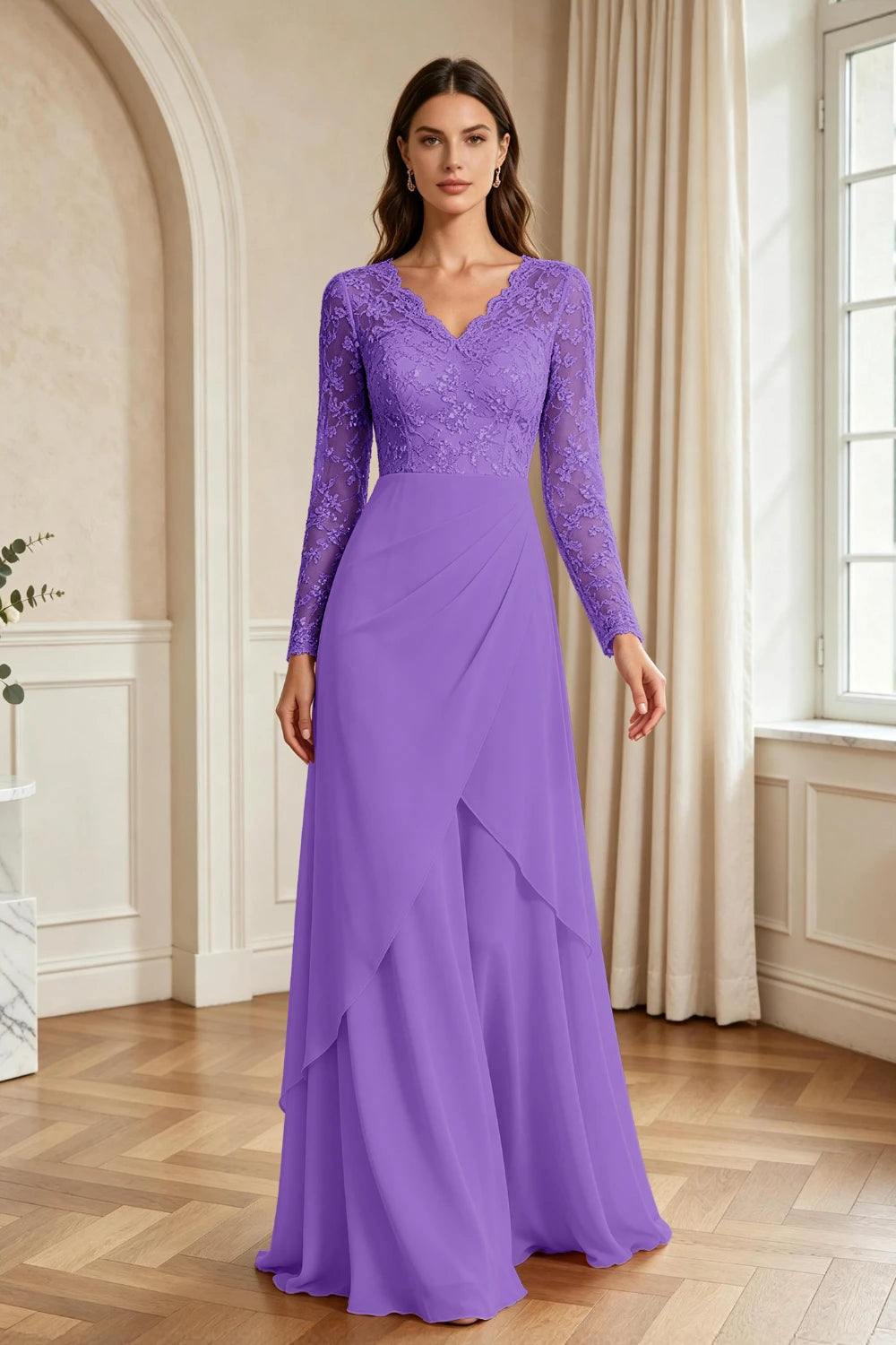 Mauve Lace Long-Sleeve Draped Ruffle Chiffon Floor-Length Dress