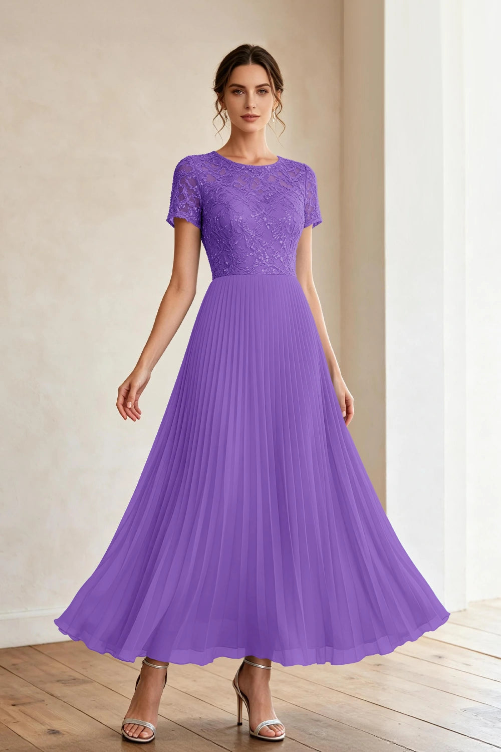 Dusty Blue Lace Short Sleeve Pleated Chiffon Tea-Length Dress