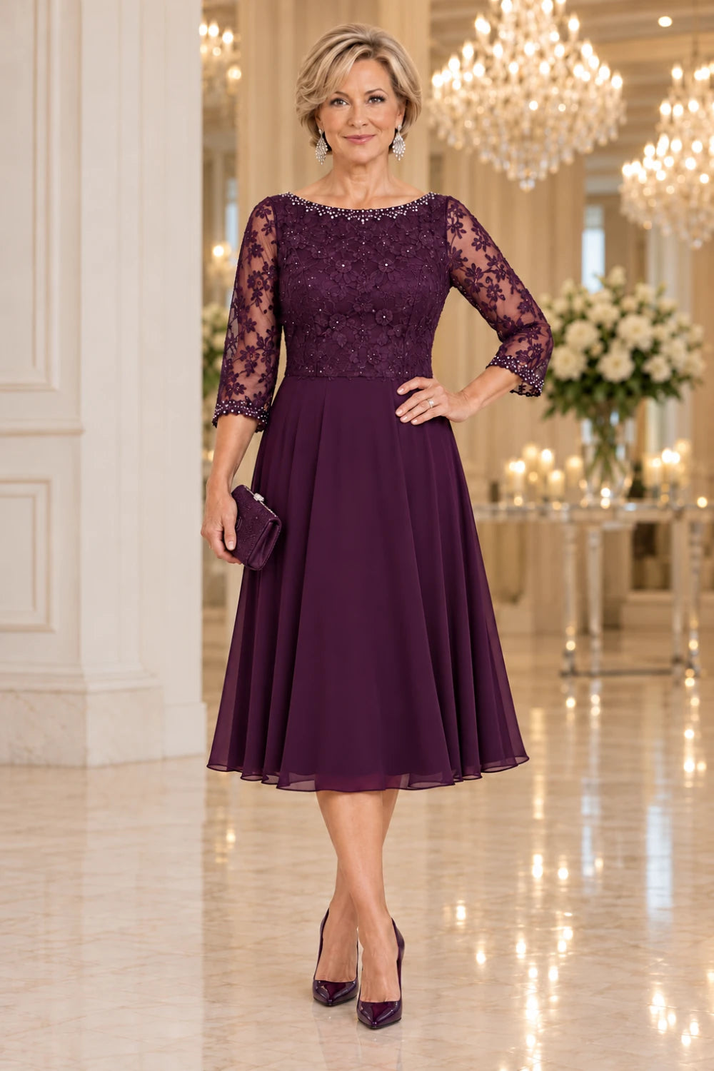 Plum midi dress with floral lace on the bodice and sheer sleeves, front view.