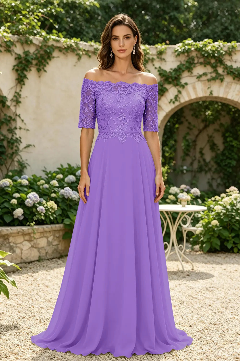 Sage Green Off-Shoulder Lace Bodice A-Line Chiffon Floor-Length Dress