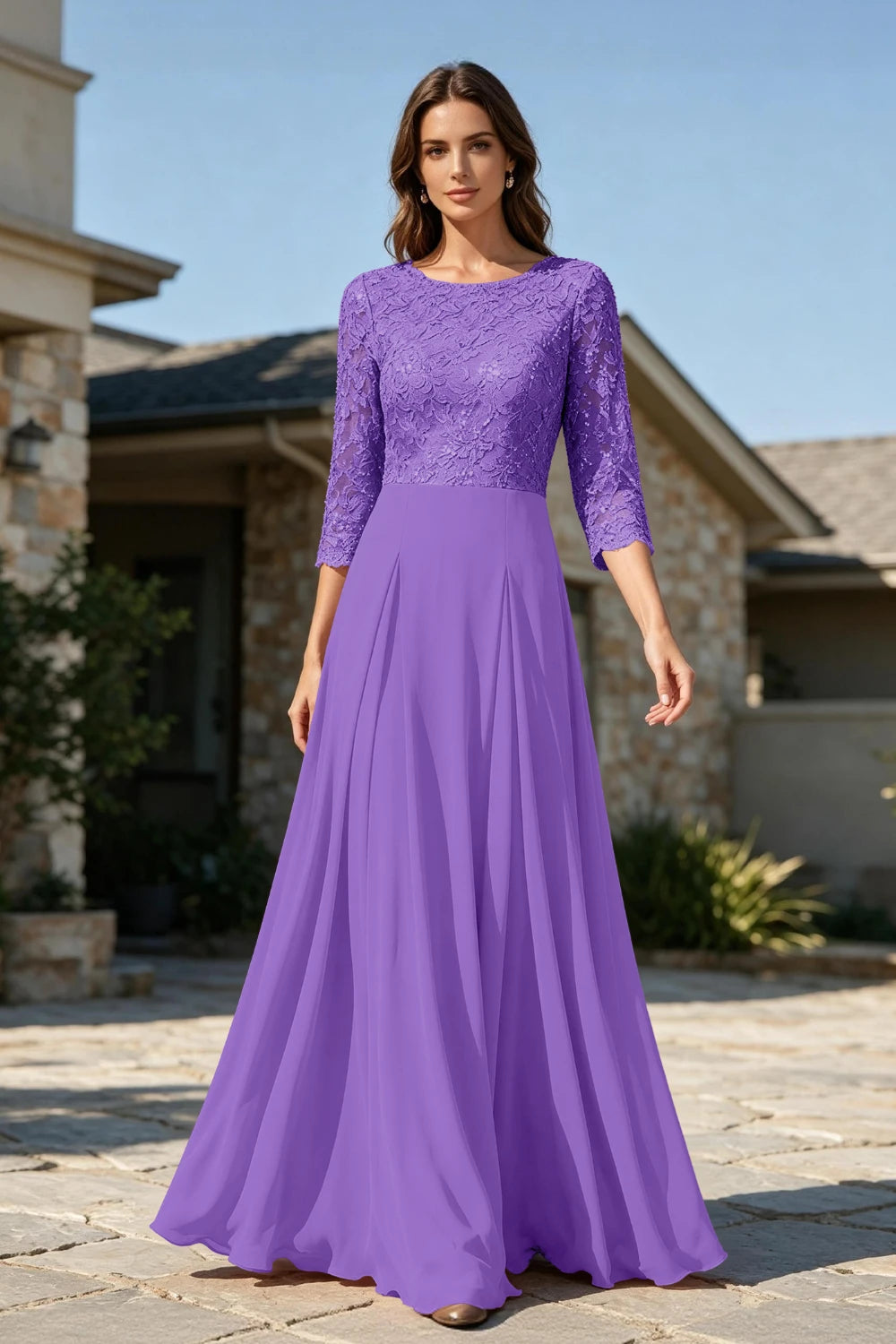Dusty Rose Lace Three-Quarter Sleeve Pleated Chiffon Floor-Length Dress