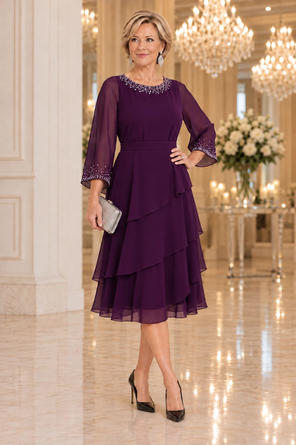 Plum midi dress with sheer three-quarter sleeves, a matching waistband and diagonal flounces, front view.