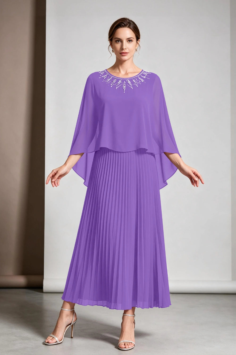 Plum Beaded Cape Sleeve Pleated Chiffon Mother of the Bride Dress