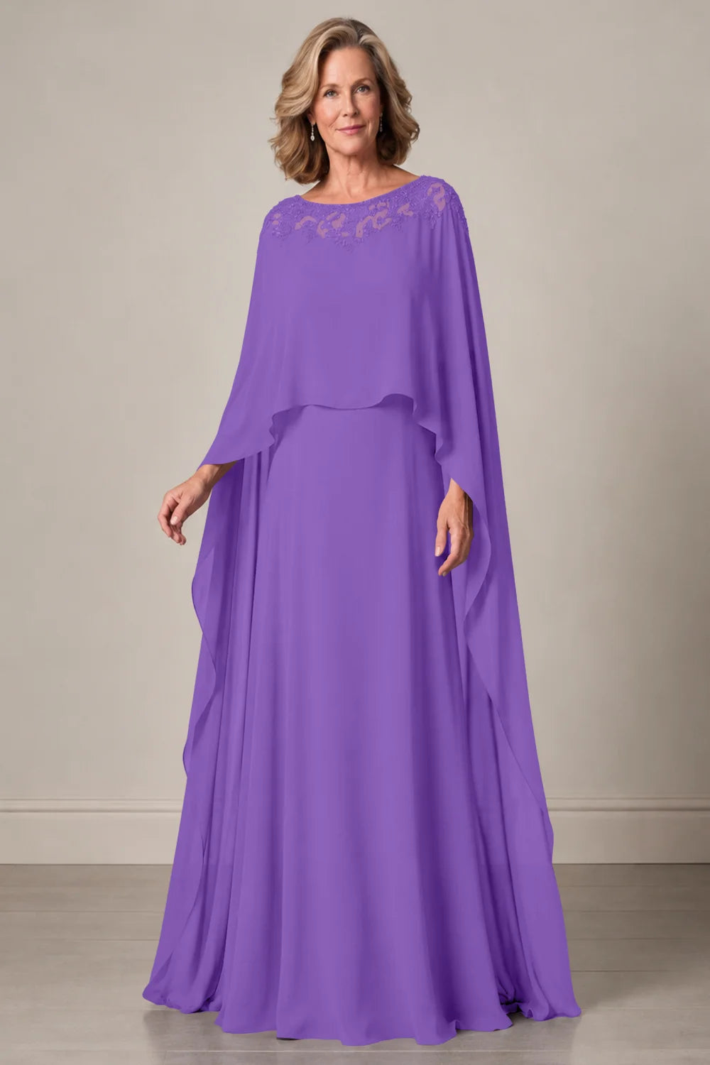 Front view of a purple dress with a decorated neckline and long cape panels.