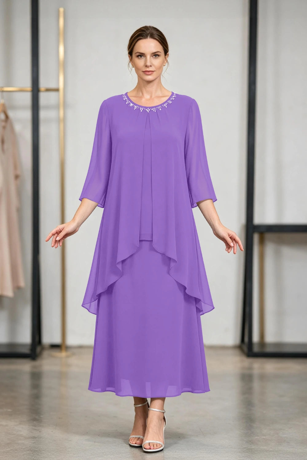 Peacock Blue Beaded Tier Chiffon Mother of the Bride Dress