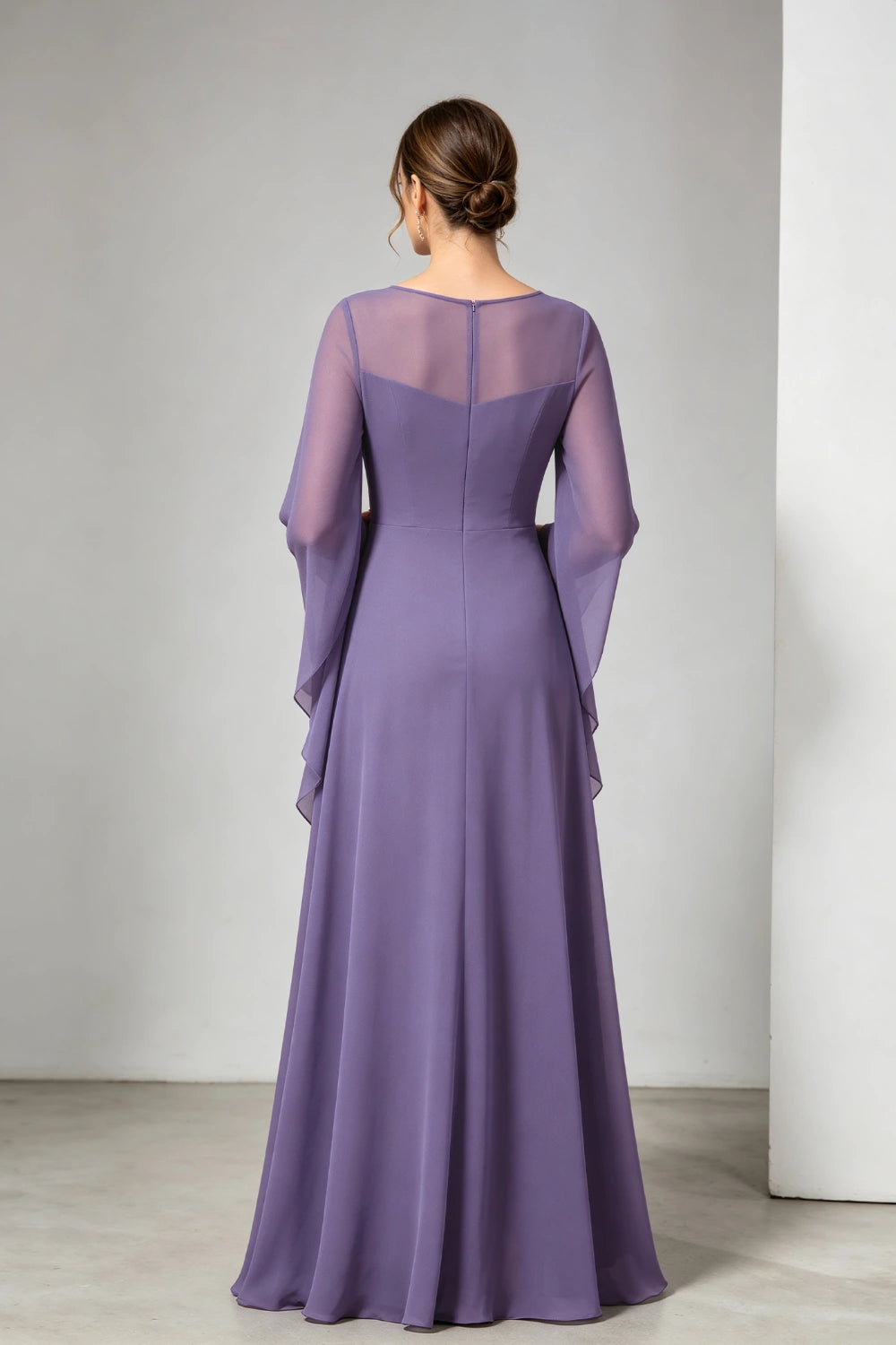 Purple Beaded Waist Sheer Yoke Long Sleeve Chiffon Mother of the Bride Dress