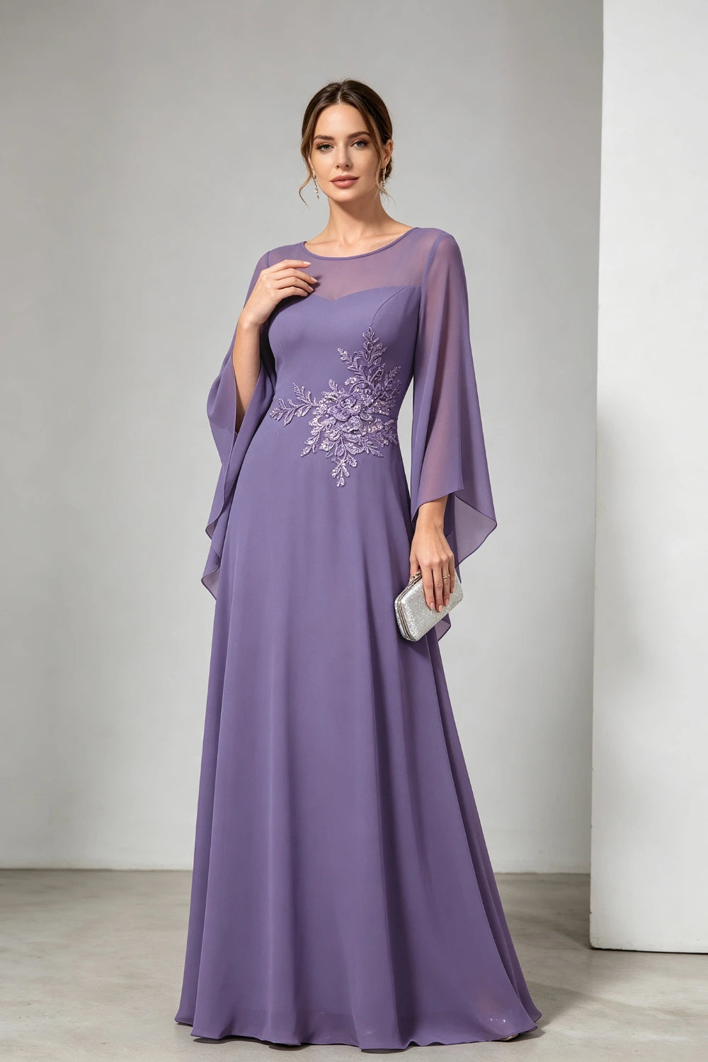 Purple Beaded Waist Sheer Yoke Long Sleeve Chiffon Mother of the Bride Dress