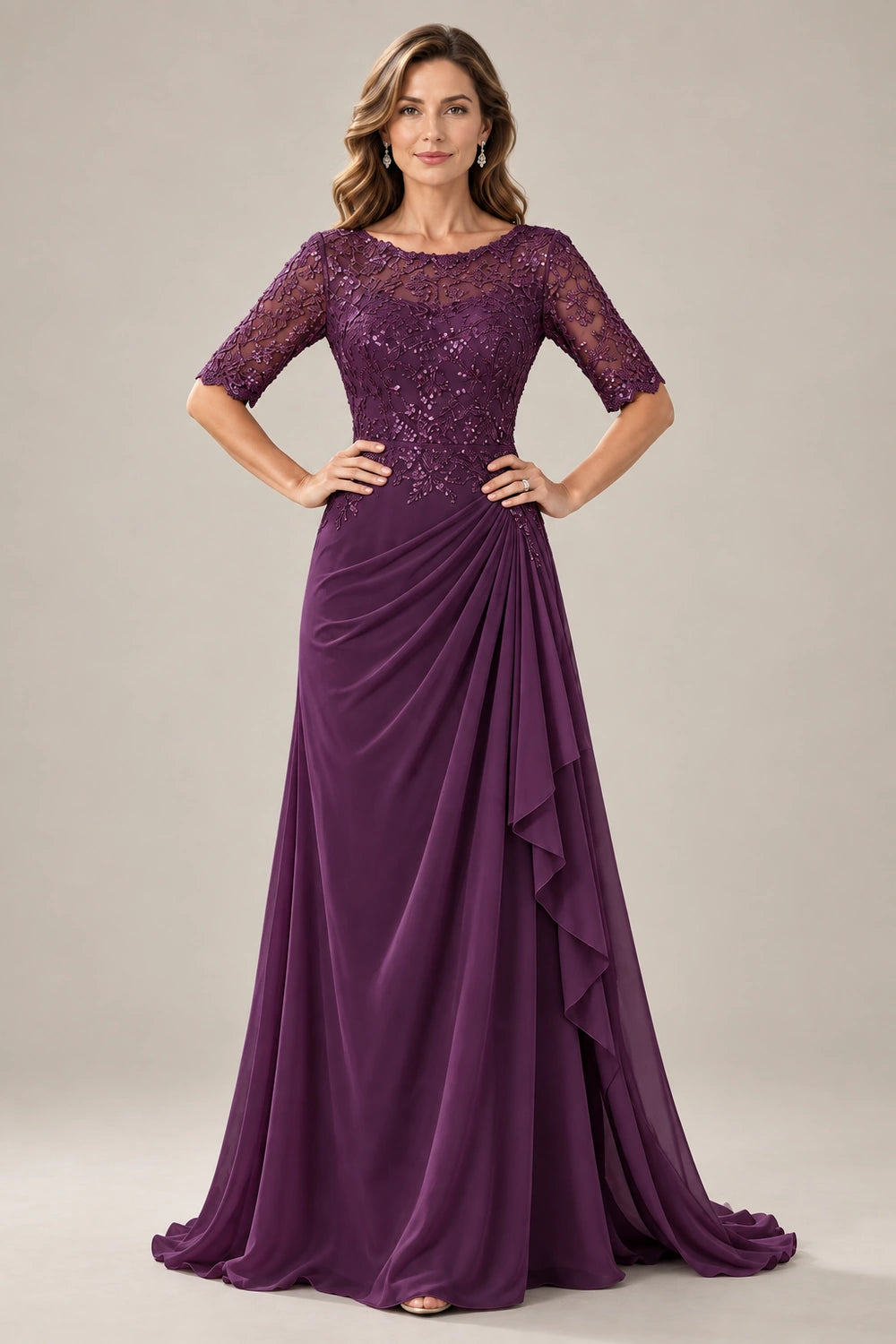 Lace Bodice Three-Quarter Sleeve Draped Side Chiffon Floor-Length Dress