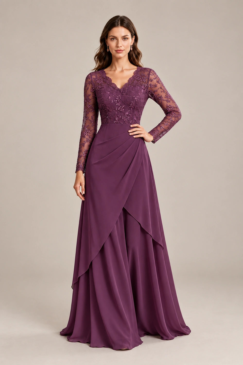Lace Long-Sleeve Draped Ruffle Chiffon Floor-Length Dress