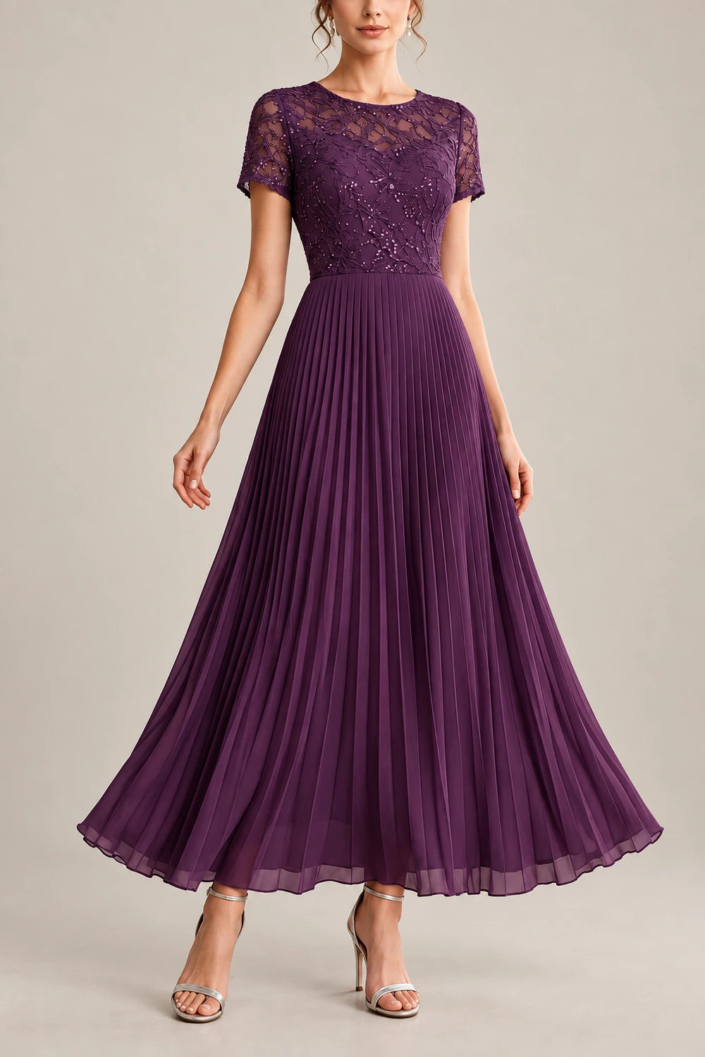 Lace Short Sleeve Pleated Chiffon Tea-Length Dress