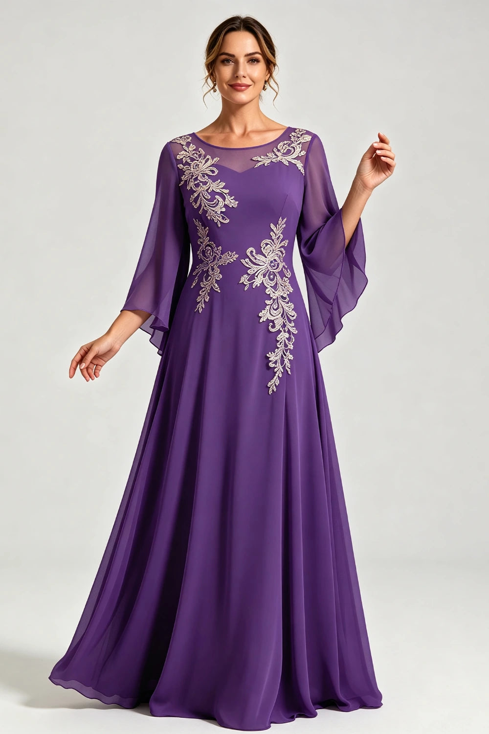 Dusty Blue Lace Applique Sheer Yoke Long Sleeve Chiffon Mother of the Bride Dress