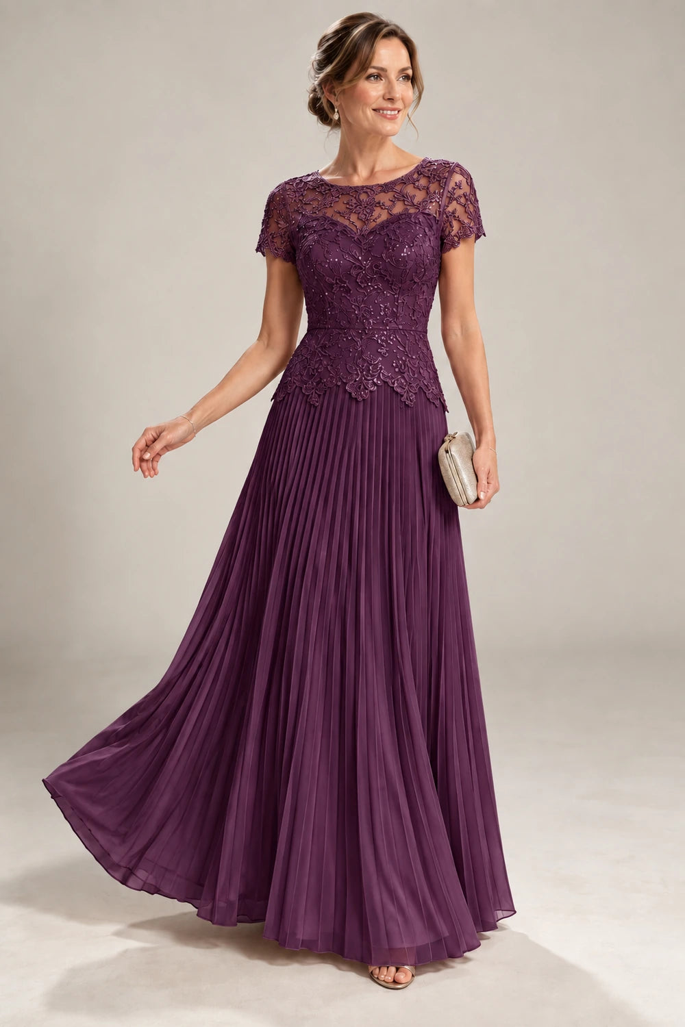 Lace Short Sleeve Pleated Chiffon Floor-Length Dress