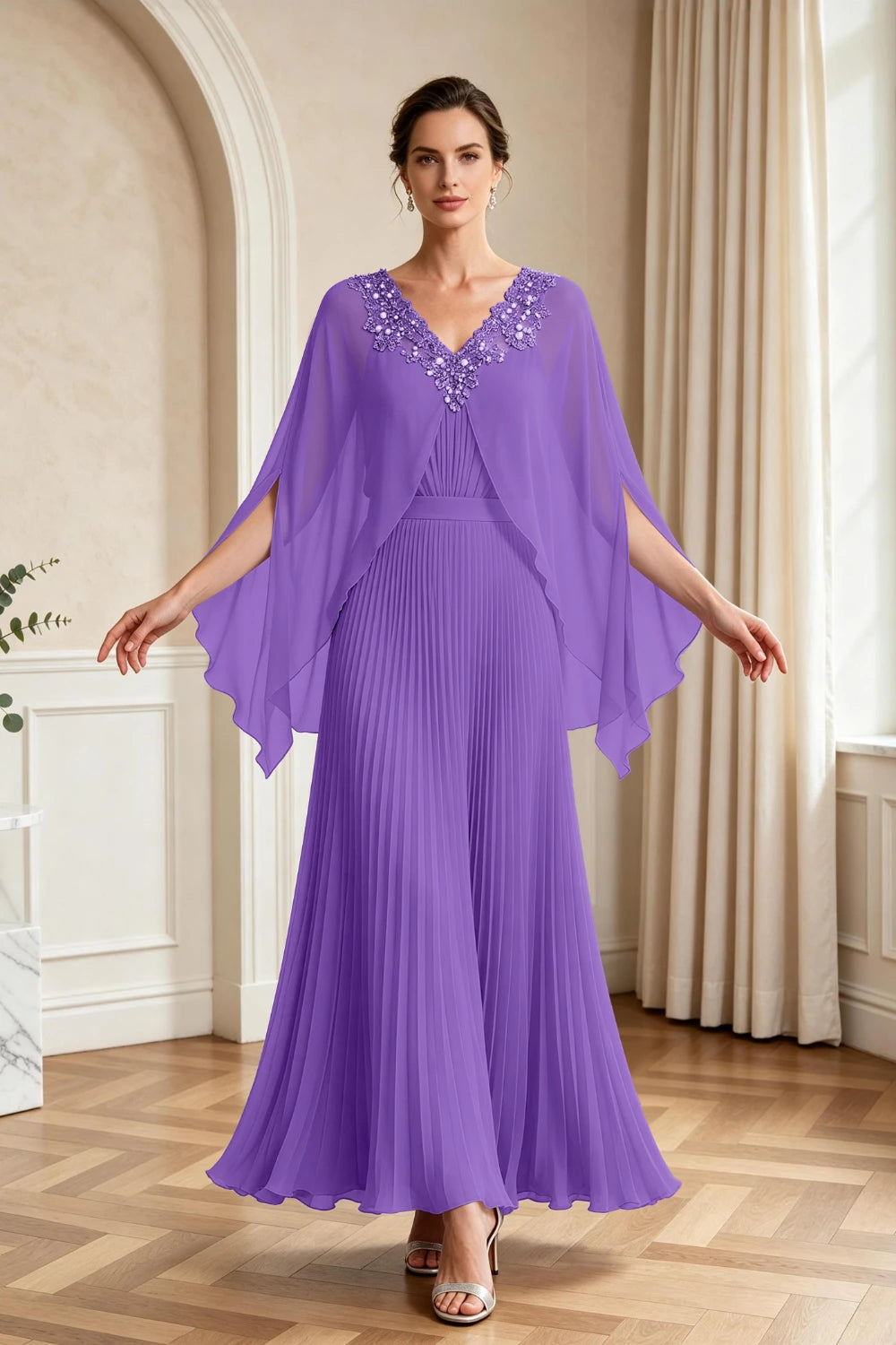 Lavender Pleated Cape Sleeve Chiffon Mother of the Bride Dress