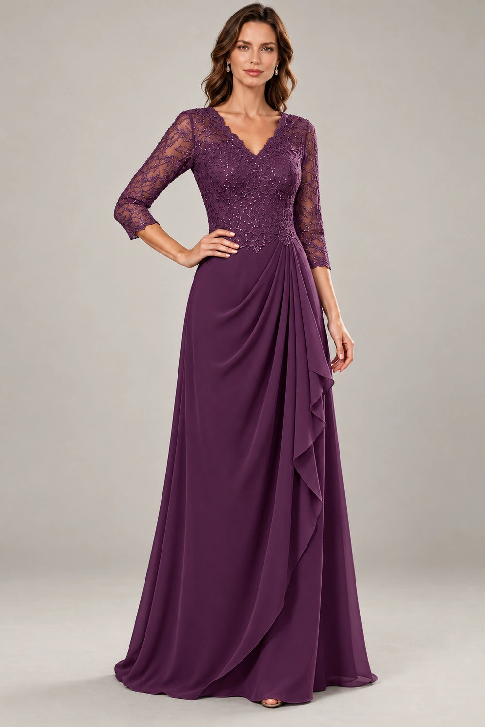 Lace Three-Quarter Sleeve Draped Cascade Chiffon Floor-Length Dress