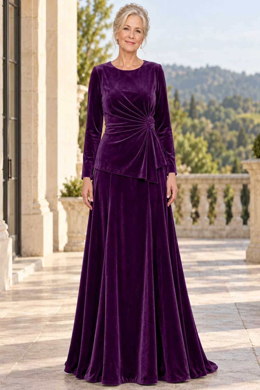 Front view of a purple dress with a ruched front and side rosette.