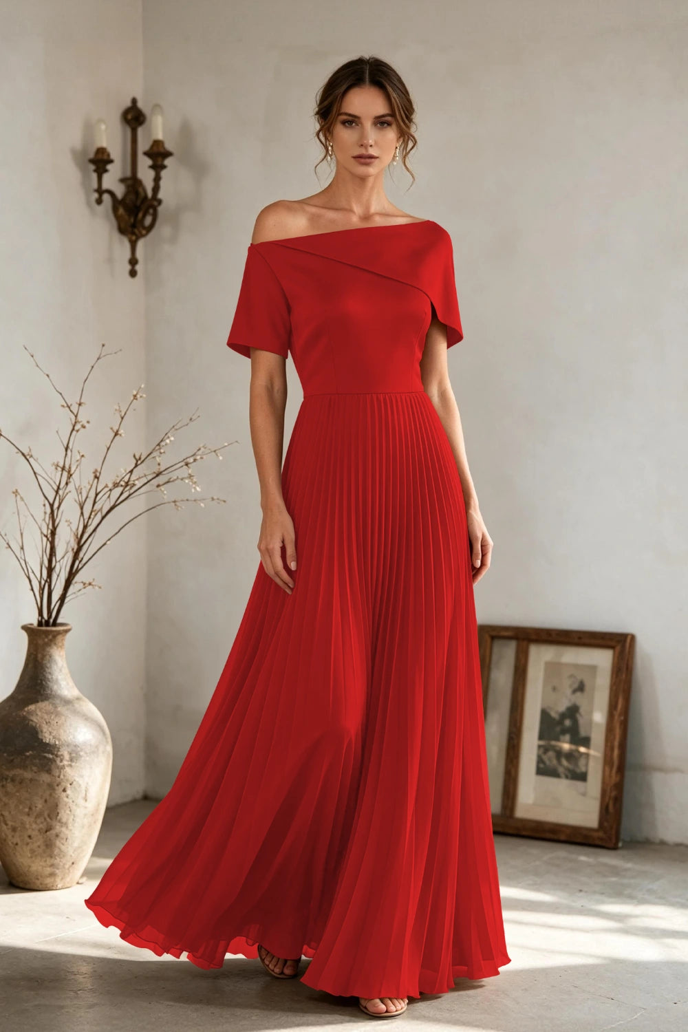 Copper Brown Off-Shoulder Draped Pleated Chiffon Floor-Length Dress