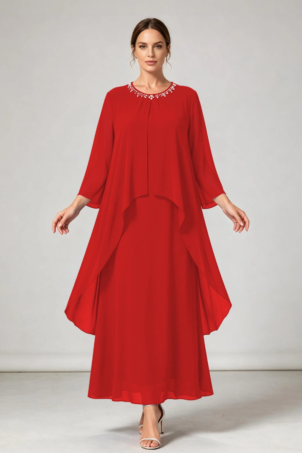 Royal Blue Beaded Neck Asymmetric Overlay Chiffon Mother of the Bride Dress