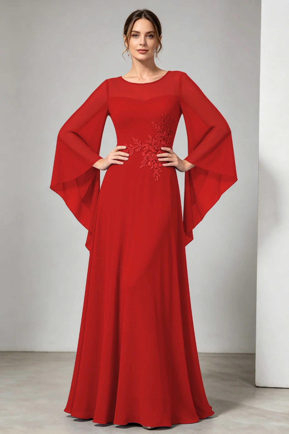 Purple Beaded Waist Sheer Yoke Long Sleeve Chiffon Mother of the Bride Dress