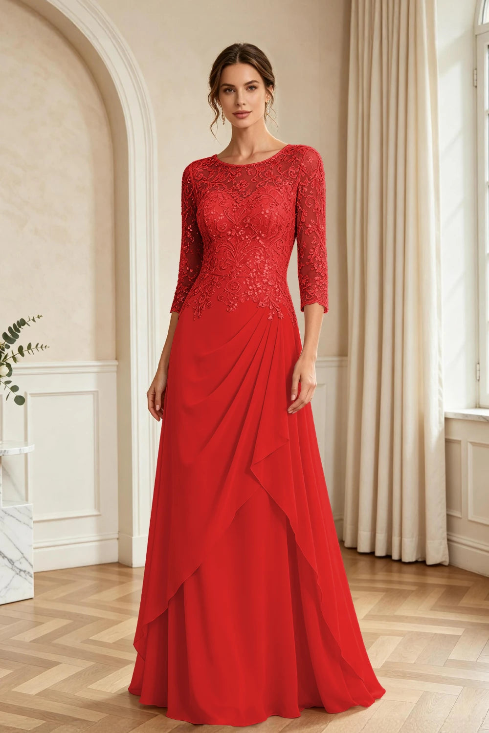 Dusty Rose Lace Bodice Three-Quarter Sleeve Draped Chiffon Floor-Length Dress