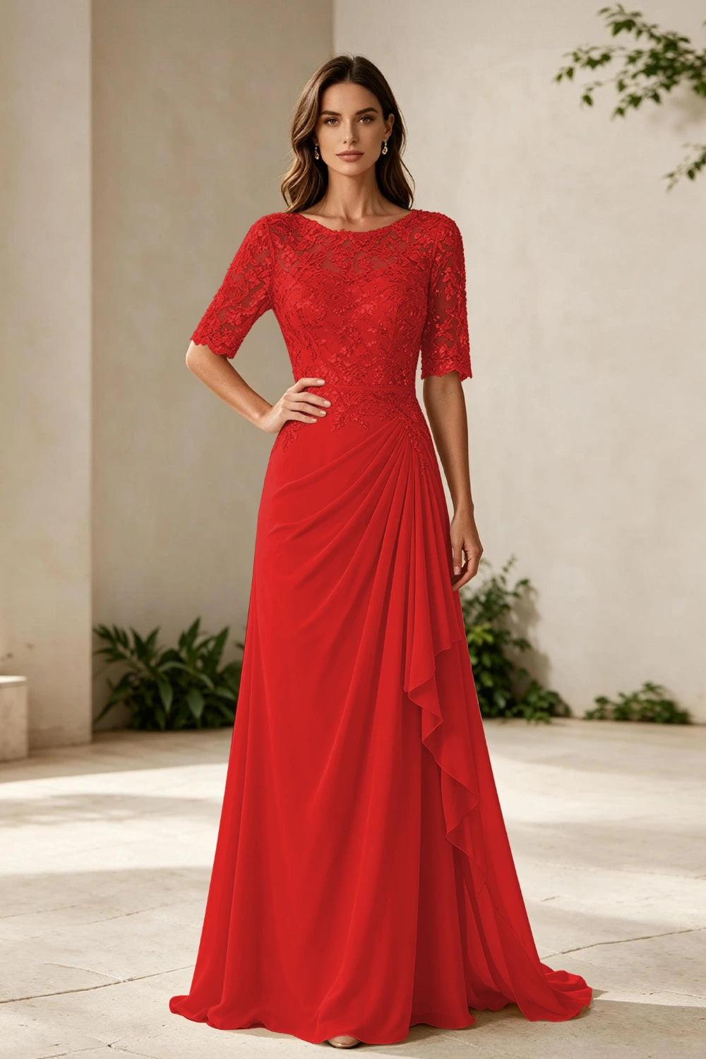 Champagne Lace Bodice Three-Quarter Sleeve Draped Side Chiffon Floor-Length Dress