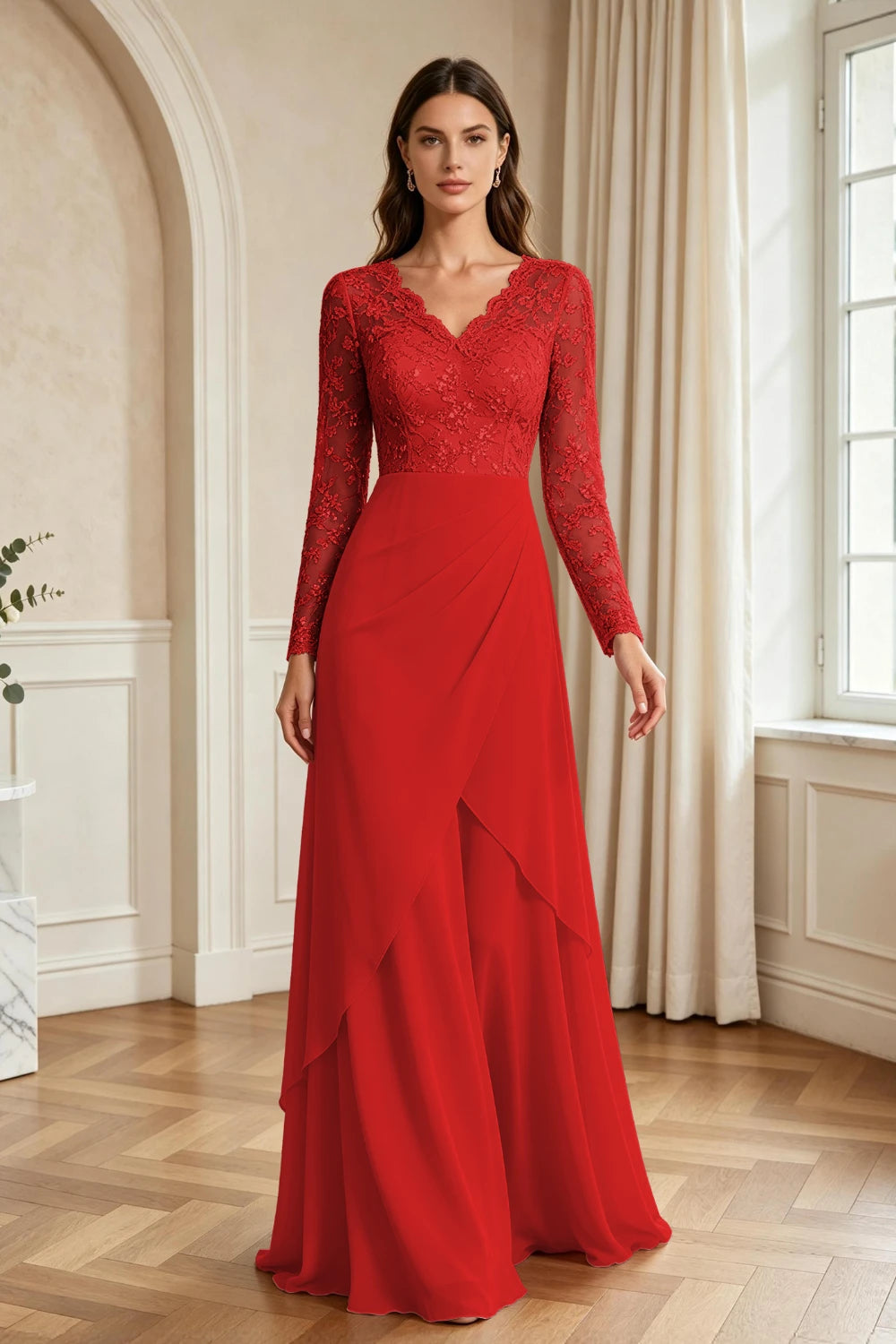 Mauve Lace Long-Sleeve Draped Ruffle Chiffon Floor-Length Dress