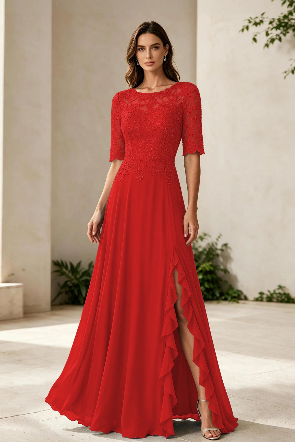 Dusty Blue Lace Bodice Three-Quarter Sleeve Ruffle Slit Chiffon Floor-Length Dress