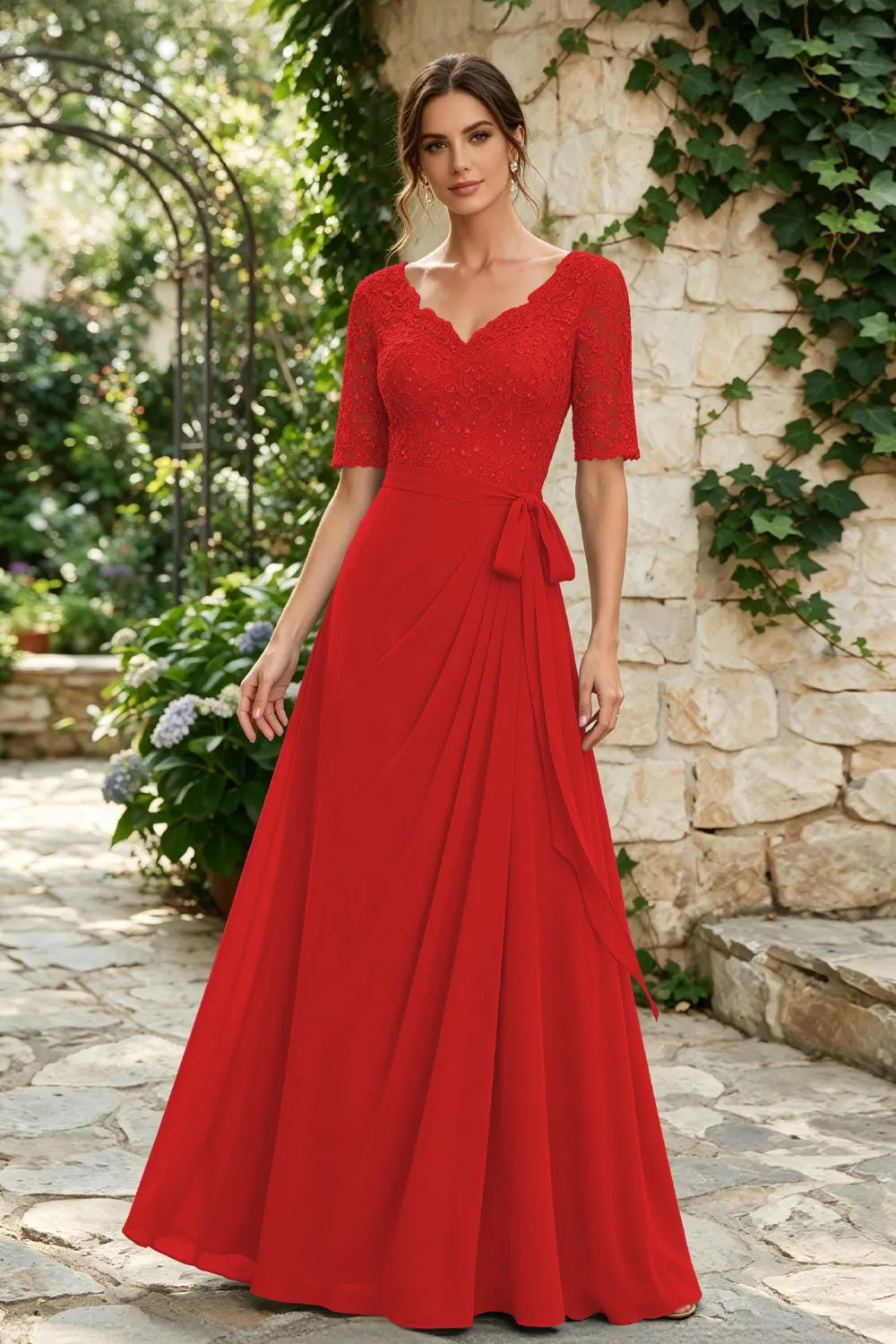 Dusty Blue Lace Elbow-Sleeve Sash Chiffon Floor-Length Dress