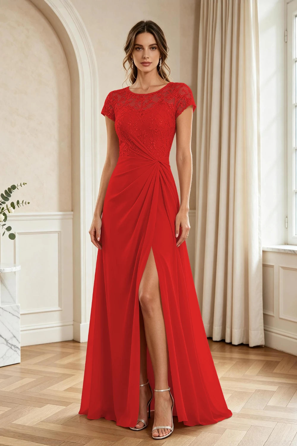 Dusty Rose Lace Cap-Sleeve Draped Chiffon Floor-Length Dress