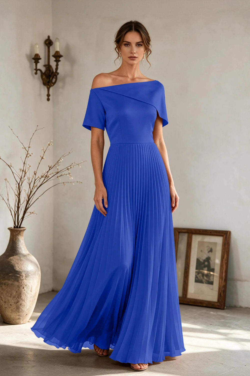 Copper Brown Off-Shoulder Draped Pleated Chiffon Floor-Length Dress